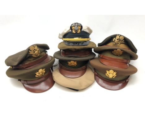 Collection of USA  Army peaked caps by Terry & Juden, Stetson, Mather Field, Bancroft, and a similar Naval style cap, (8) Con