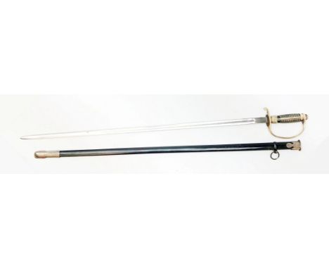 WW II German SS sword, unmarked 83cm fullered blade with D-shaped knuckle bow and wire bound hardwood grip inset with SS roun