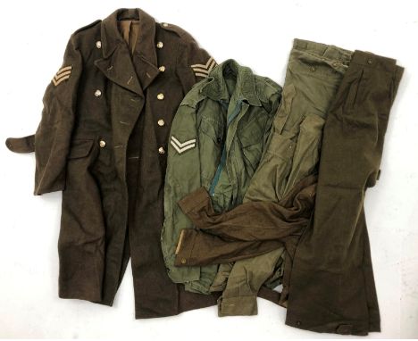 Collection of post-1950 British Army clothing incl. Greatcoat with ACC buttons, inscribed Cpl Mahony ACC, Battledress blouse 