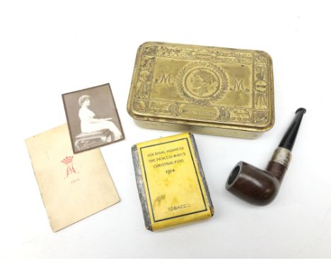 WW1 Princess Mary's Christmas tin containing Tobacco package, Christmas Card, portrait photo of Princess Mary and Imperial pi