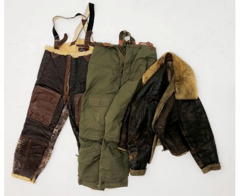 US Air Force style brown leather sheepskin lined flying type jacket, labelled B-2 Perry Sportswear, buckle neck collar and tw