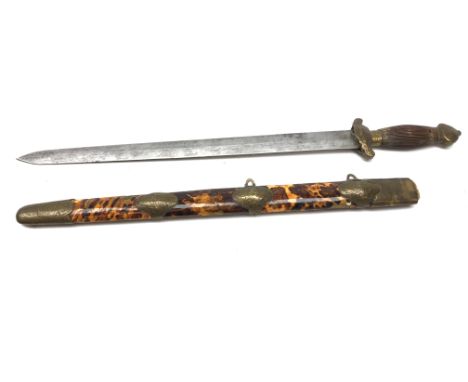 Chinese Dao sword, 42cm twin edge straight tapering blade, hilt with chased brass guard and pommel with fluted hardwood grip,