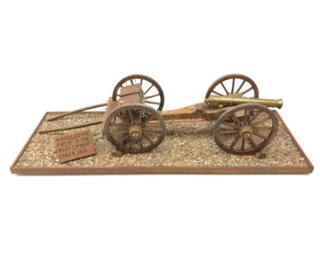 Wooden and brass scale model of an c1815 Napoleonic Field Gun with Limber, brass barrel with ammunition boxes on metal bound 