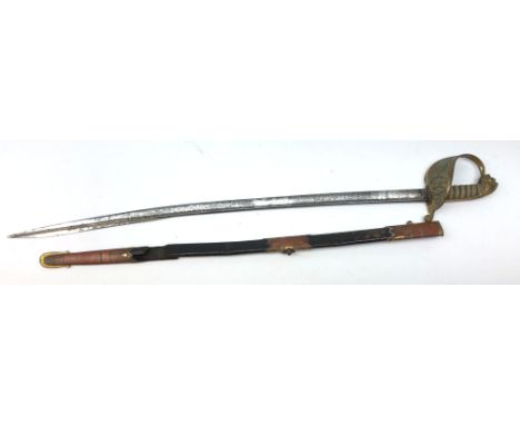 Victorian Naval sword by Bodley & Etty, 74cm slightly curved single edge  pipe back blade with 26cm quill tip, etched with fo