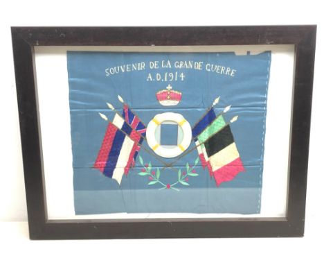 WW1 embroidered silk panel entitled 'Souvenir De La Grande Guerre A.D.1914' depicting a central photograph aperture with nava