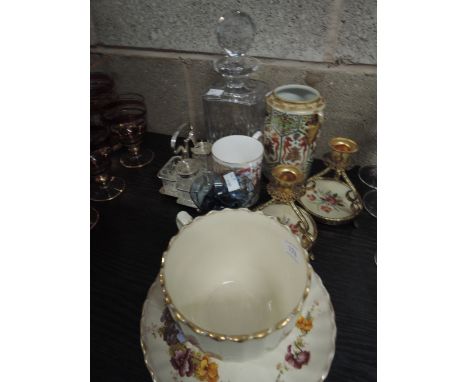 A selection of ceramics including over sized cup and saucer Pansy design and glass decanter