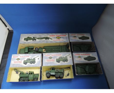 Five Dinky diecasts, Tank Transporter 660, Centurion Tank 651 x 2, Recovery Tractor 661 x 2, all in original boxes