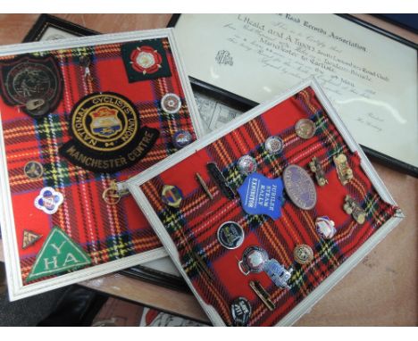 A selection of medals and badges, cyclist , steam engine interest and two road record association framed certificates