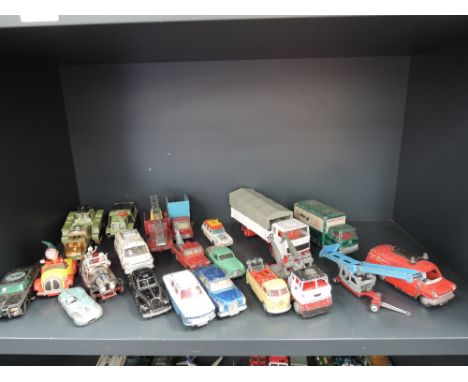 A shelf of playworn diecasts inc Corgi, Chitty Chitty Bang Bang car, Noddy car, the Green Hornets car, dinky and matchbox etc