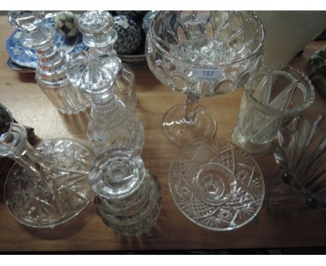 A selection of glassware including ships decanter, decanters and tazza