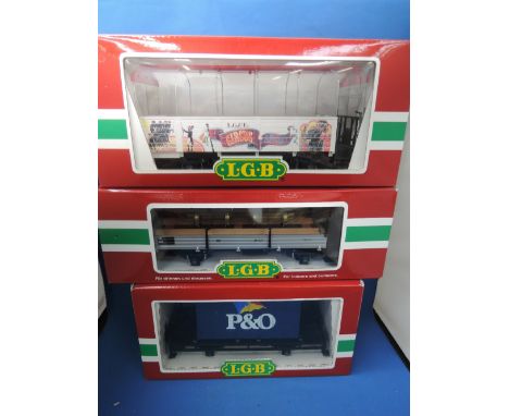 Three LGB G scale items of rolling stock, open air circus passenger car 3125, Axel wagon 41090, P&O container wagon 4103 all 