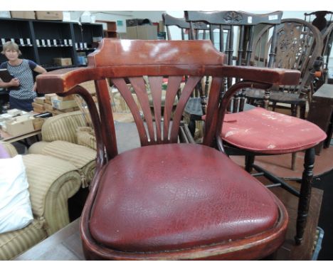 Two 19th Century spindle back chairs, stained frame elbow chair and vintage stool