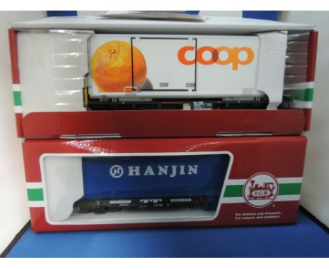 Two LGB G scale container wagons, Hanjin 40853, Coop Orange 45896, both boxed