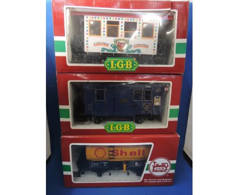 Three LGB G scale items of rolling stock, shell tanker 40402, post van 1985, circus van 3036 all boxed