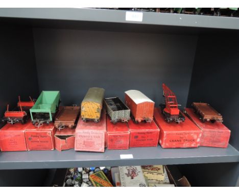 Eight Hornby 0 gauge rolling stock inc guards van, crane truck, hopper wagon etc all in original boxes