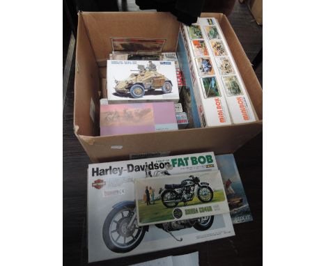 One box of mixed scale plastic kits inc Airfix, Haasegawa etc, motorcycle, sailboat and military interest