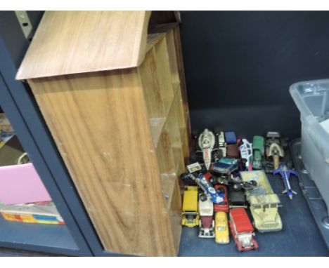 A selection of mixed playworn diecasts inc Dinky and Corgi and a stained framed display shelf