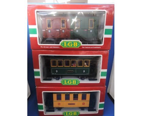 Three LGB G scale items of rolling stock, carriage, Jennifer 3006, carriage, Lilian 3040, carriage 30503 all boxed