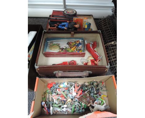 A case and box of mixed toys inc tinplate Simplex typewriter, Britains plastic figures etc