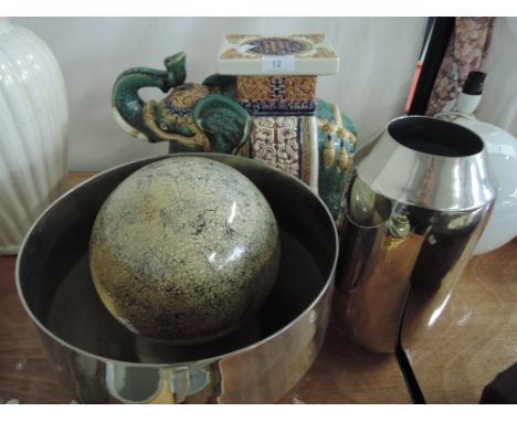 A large stainless steel Isla bowl and vase, and ceramic table eliphant