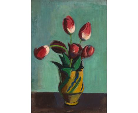 Levy, Rudolf -- Rote Tulpen in KeramikkrugÖl auf Leinwand. 1942.55,5 x 38 cm.Verso auf der Leinwand mit dem blauen Nachlaßste