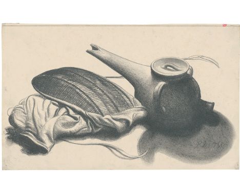 Müller, Richard -- Rauchkanne und Netz (Teekanne)Graphit und Kreide in Schwarz auf Schoellershammer-Velin. 1938.23,3 x 37,8 c