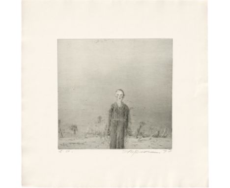 Fußmann, Klaus -- Figur vor Landschaft (Hella K.)Kaltnadel auf Kupferdruckpapier. 1973.31,5 x 33 cm (54 x 54 cm).Signiert "Fu