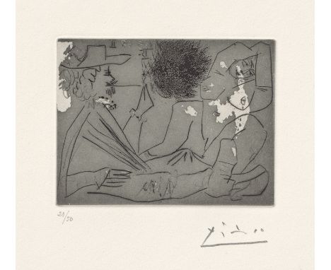 Picasso, Pablo -- Mousquetaire envoyant une Bouffée de Fumée de Pipe au Visage d'une jeune FemmeAquatinta und Kaltnadel auf V