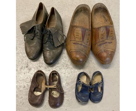 4 pairs of vintage leather &amp; wooden shoes. Comprising: a pair of green leather golfing shoes with Dunlop studs, 2 pair of