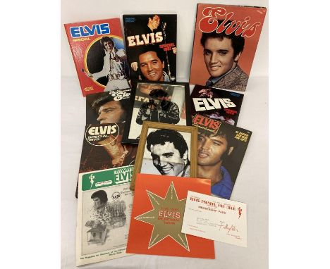 A collection of assorted Elvis Presley collectable memorabilia. To include books, framed mirrors and 1980 Elvis Fan Club Memb