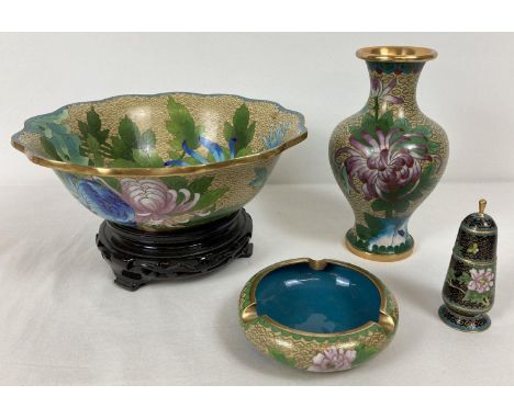 4 items of cloisonne ware. A bowl on a black lacquer wooden stand, a vase and an ashtray, all with beige gold ground and pink