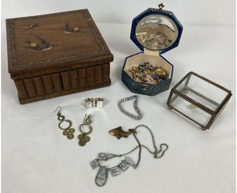 3 vintage jewellery/trinket boxes and contents. An olive wood box with secret compartment, inlaid swallow bird detail to top 