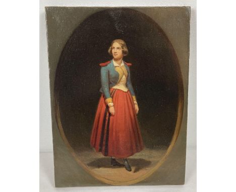 An antique oil on canvas of Jenny Lind playing the character of "Maria" in the opera "La Figlia Del Reggimento. Signed to bot