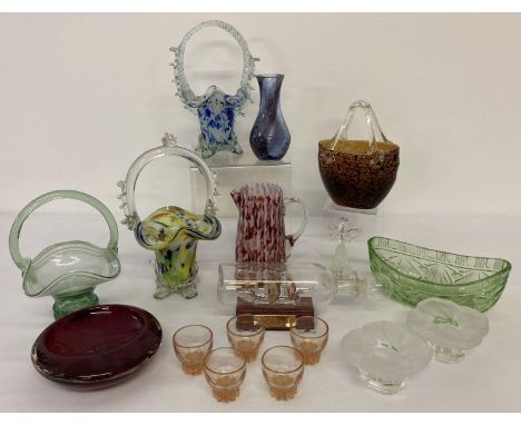 A quantity of assorted vintage and modern coloured glass items. To include spatter glass, end of day glass and Caithness exam