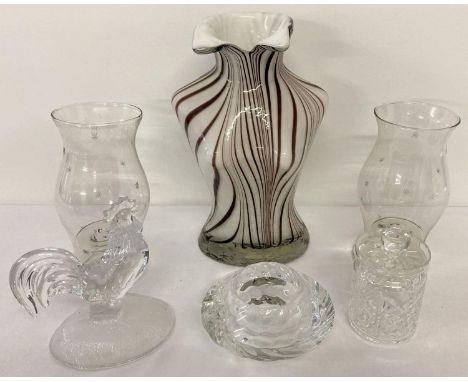 A collection of vintage and modern glassware to include rooster figurine &amp; hurricane lamps. Lot also includes art glass v