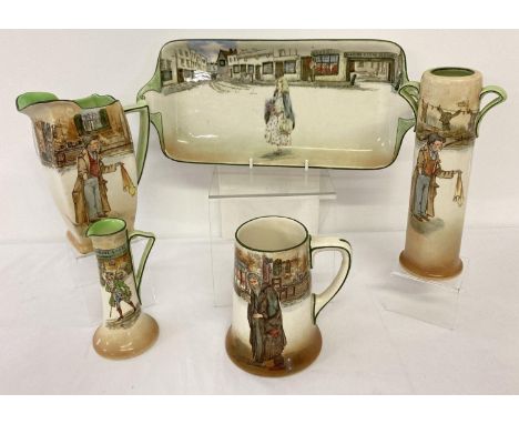 5 pieces of Royal Doulton Charles Dickens series ware.  Comprising: Artful Dodger vase and jug, Little Nell tray, Barnaby Rud