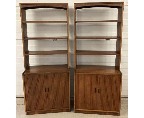 2 mid century American dark wood 3 sectional room dividers by Lane Altavisa. Each unit comprising a 2 door cupboard base with