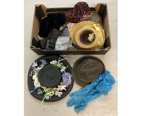 A box of assorted vintage hats, belts &amp; gloves. To include Harris Tweed trilby hat and several 1980's wide sequin belts. 
