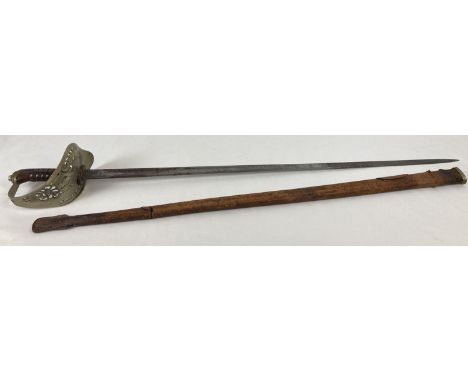 A George V Infantry officers sword with leather scabbard. Etched detail to both sides of blade. Pierced work and GR V detail 