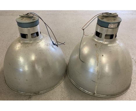 A pair of vintage Simplex lighting aluminium industrial pendant lightshades. Approx. 48cm diameter. 