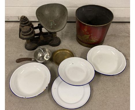 A small quantity of assorted vintage metal ware items to include painted Toleware bucket. Together with a set of weighing sca