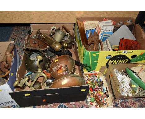 FOUR BOXES OF METALWARE, TREEN AND SUNDRIES, to include a box of wooden lead working tools including a large bodger, two wood
