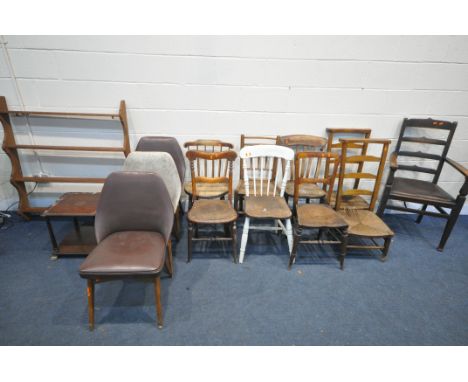 A SELECTION OF CHAIRS, of various style, materials and ages (condition:-all chairs with some faults) along with a pine wall s