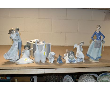 A COLLECTION OF EIGHT LLADRO NAO FIGURES, comprising 6871 'Celestial Harmony', 8039 'Pair of Geese', 4962 'Angel Wondering', 