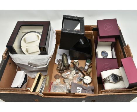 A BOX OF ASSORTED ITEMS, to include two gents boxed 'Accurist' wristwatches, a small black watch winder battery/mains adapted