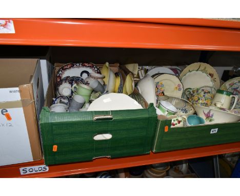 FIVE BOXES OF TEA AND DINNER WARES, to include a box of blue and white dinner ware including Wood &amp; Sons Yuan, W R Midwin