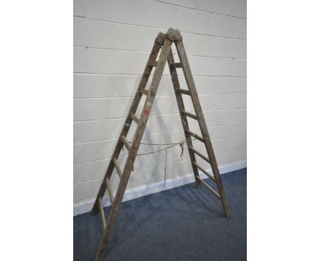 A VINTAGE FRENCH DECORATORS LADDER, stamped Richomme Echelles of Nantes, height 201cm (condition:- aged condition)