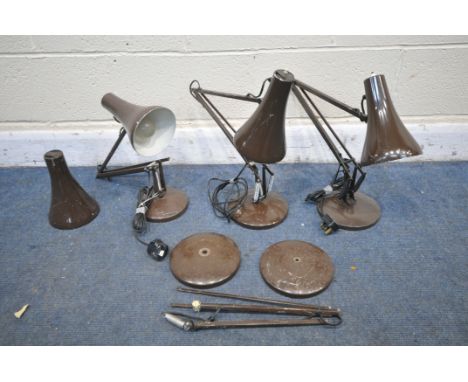 A SELECTION OF BROWN HERBERT TERRY ANGLE POISE DESK LAMPS, to include two complete lamps, one lamp missing springs, and some 