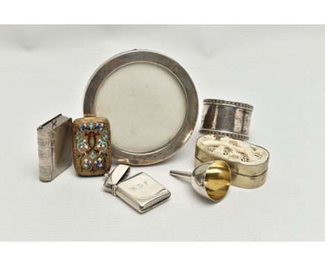 A SMALL PARCEL OF SILVER AND PLATED ITEMS, comprising a Victorian vesta case, engraved initials, Birmingham 1889, a miniature