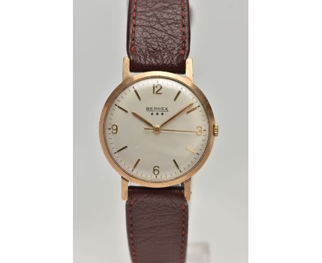 A GENTS 9CT GOLD 'BERNEX' WRISTWATCH, manual wind, round silver dial signed 'Bernex', Arabic numeral twelve, three, six and n